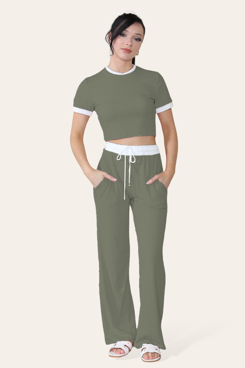Ribbed Contrast Wide Leg Flared Trousers And Top Loungewear TRS Cropped Set 🇬🇧