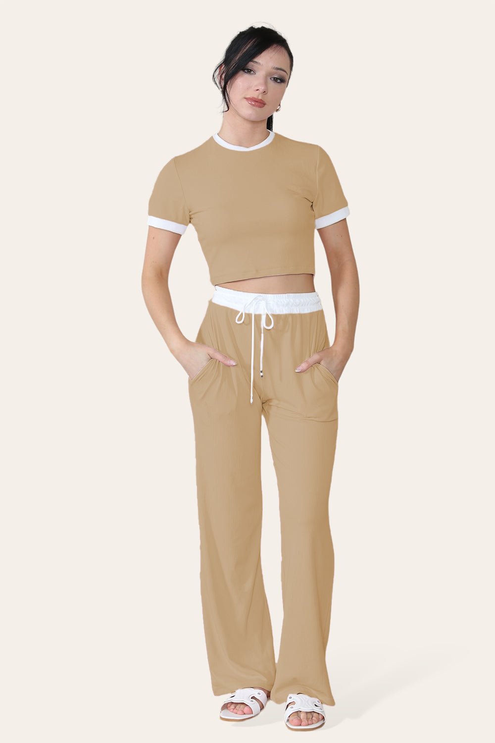 Ribbed Contrast Wide Leg Flared Trousers And Top Loungewear TRS Cropped Set 🇬🇧