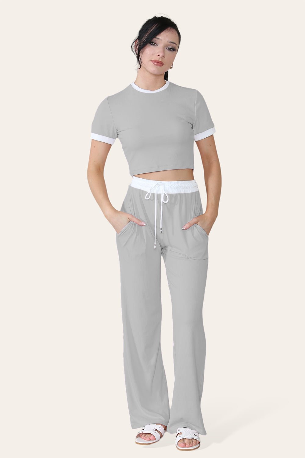 Ribbed Contrast Wide Leg Flared Trousers And Top Loungewear TRS Cropped Set 🇬🇧