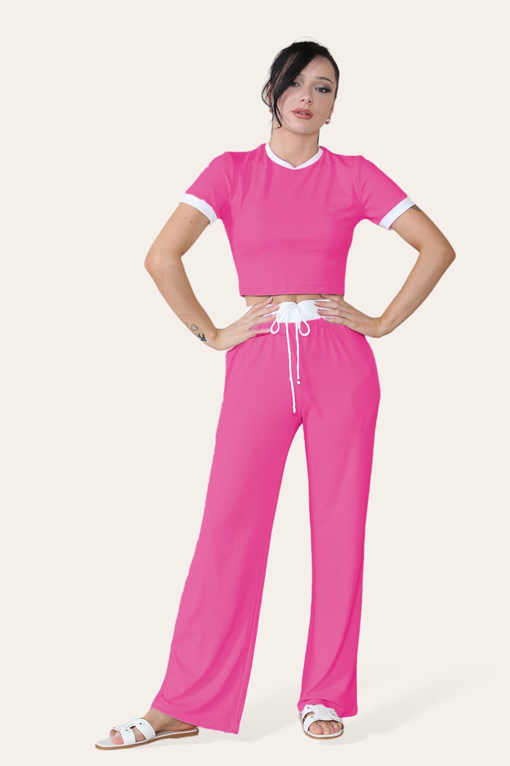 Ribbed Contrast Wide Leg Flared Trousers And Top Loungewear TRS Cropped Set 🇬🇧