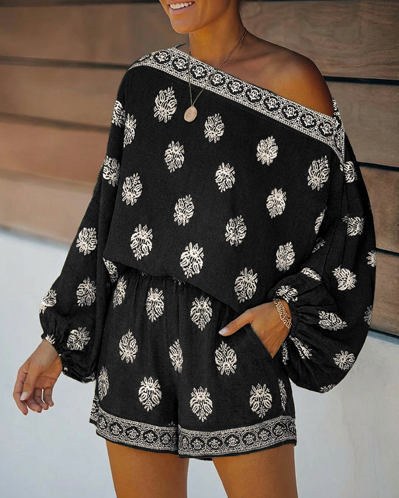 2 Pieces Outfit Boho Skew Neck Lantern Sleeve Top and Elastic Waist Shorts Set Casual Vintage Baroque Placement Print Vacation Set 🇺🇸