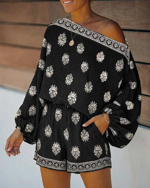 2 Pieces Outfit Boho Skew Neck Lantern Sleeve Top and Elastic Waist Shorts Set Casual Vintage Baroque Placement Print Vacation Set 🇺🇸