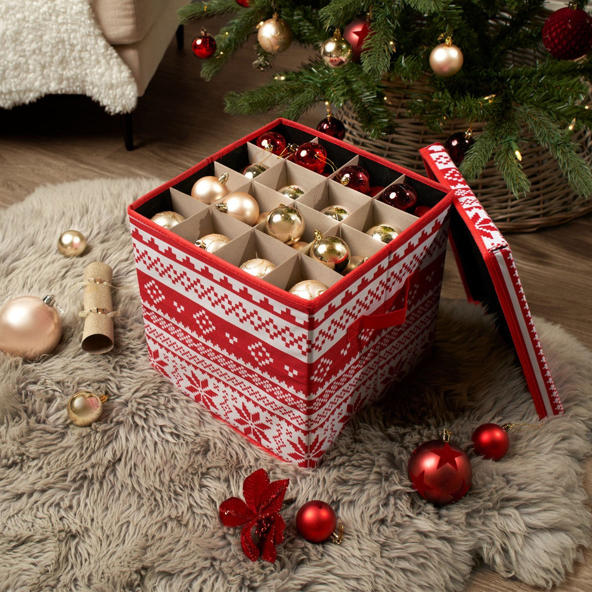 Christmas Nordic Print Bauble Storage Box - Red 🇬🇧