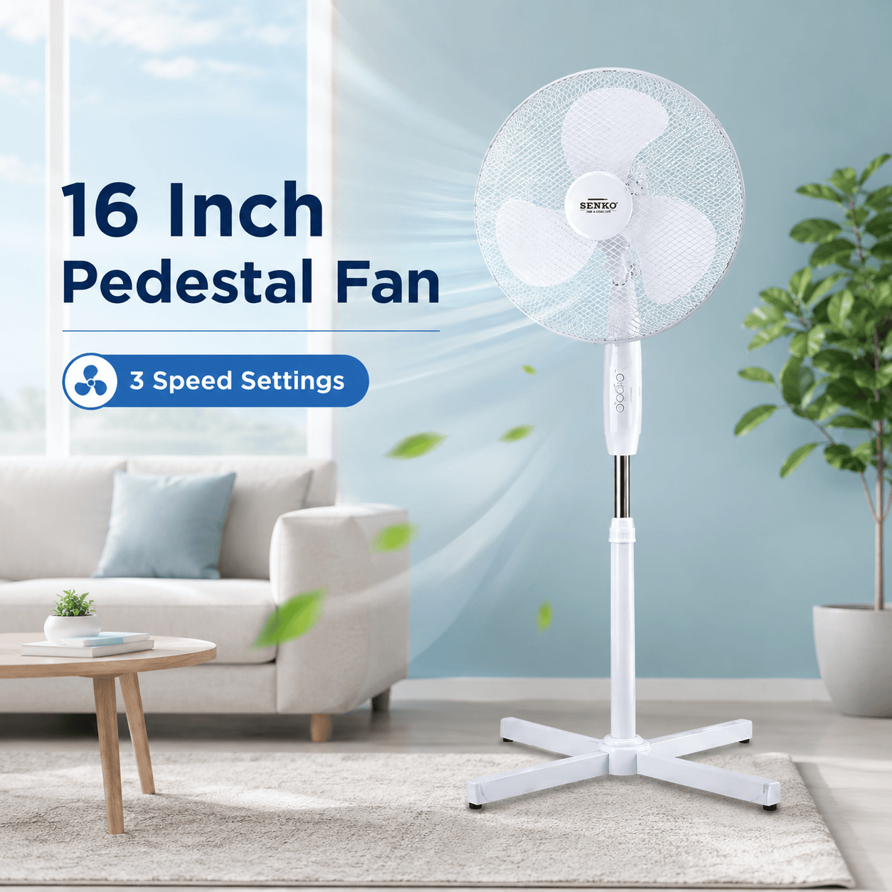 16 Inch Pedestal Fan Cross Base Stand Fan 3 Speed Settings Sturdy Base Portable Fan for Home or Small Office White 🇬🇧