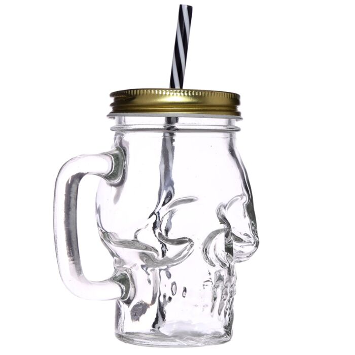 Glass Skull Drinking Jar with Metal Lid & Stripy Straw 🇬🇧