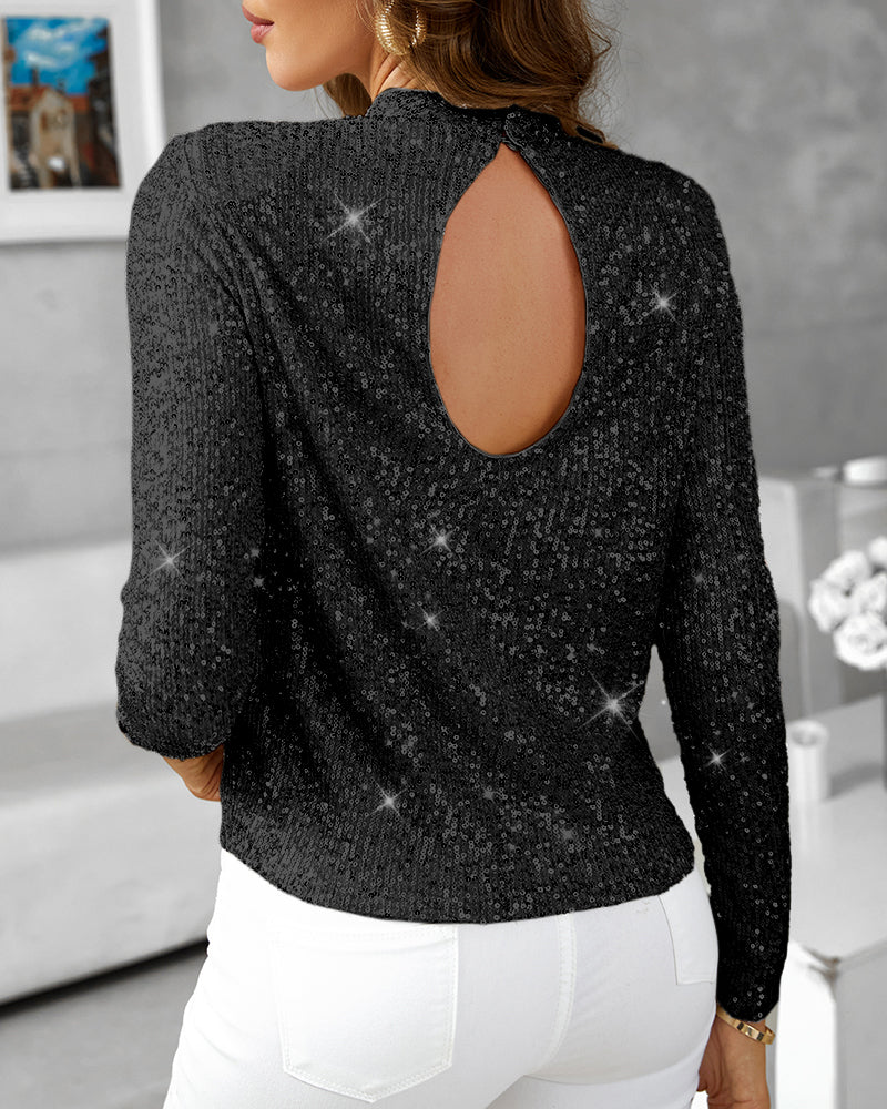 Mock Neck Hollow-out Back Allover Sequin Long Sleeve Top Partywear Blouse 🇺🇸
