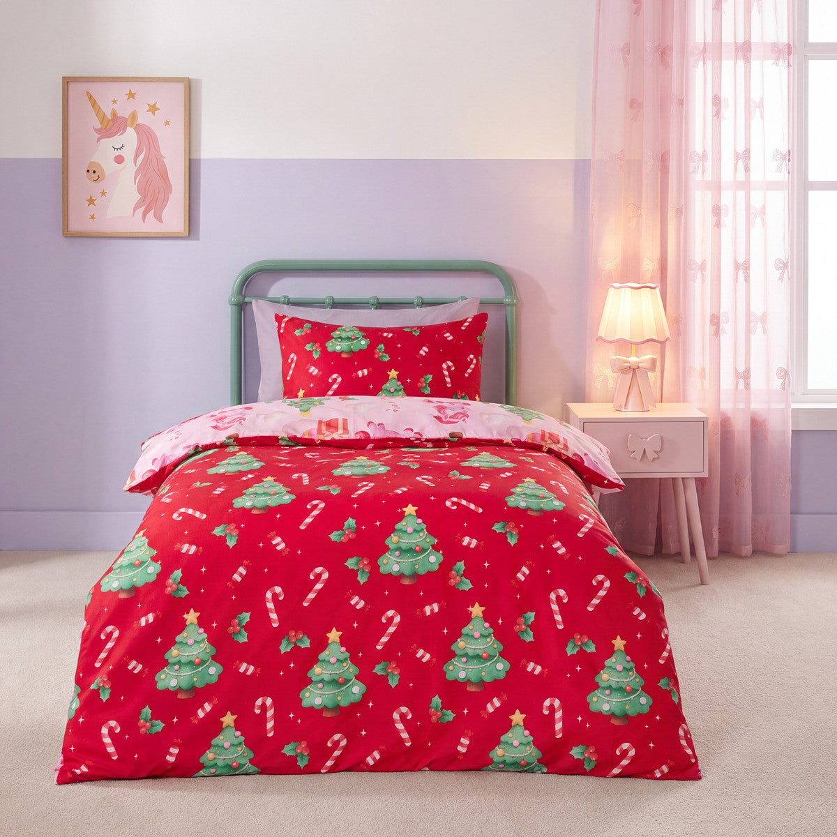 Christmas Unicorn Print Reversible Duvet Cover Set, Pink/Red - Single 🇬🇧