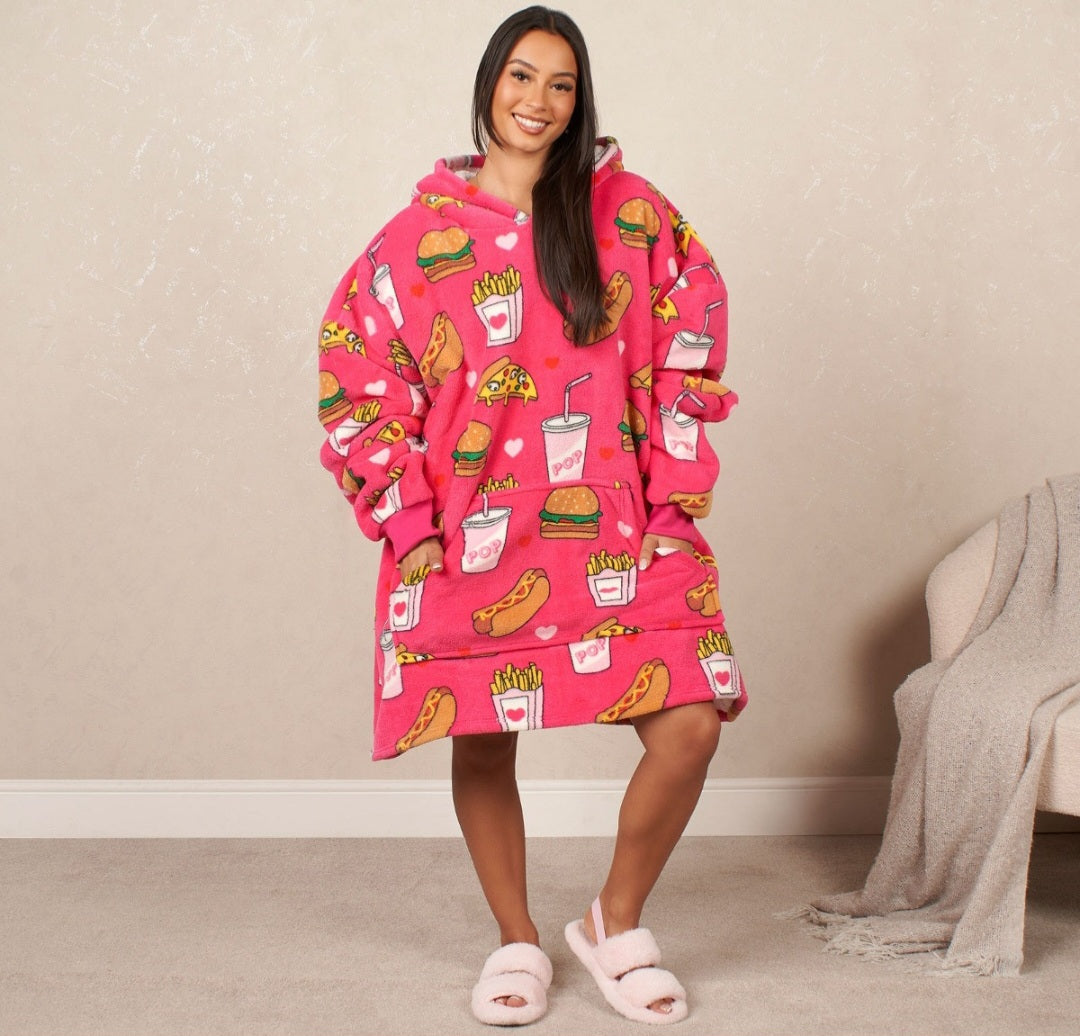 Fast Food Print Hoodie Blanket, Adults - Pink 🇬🇧