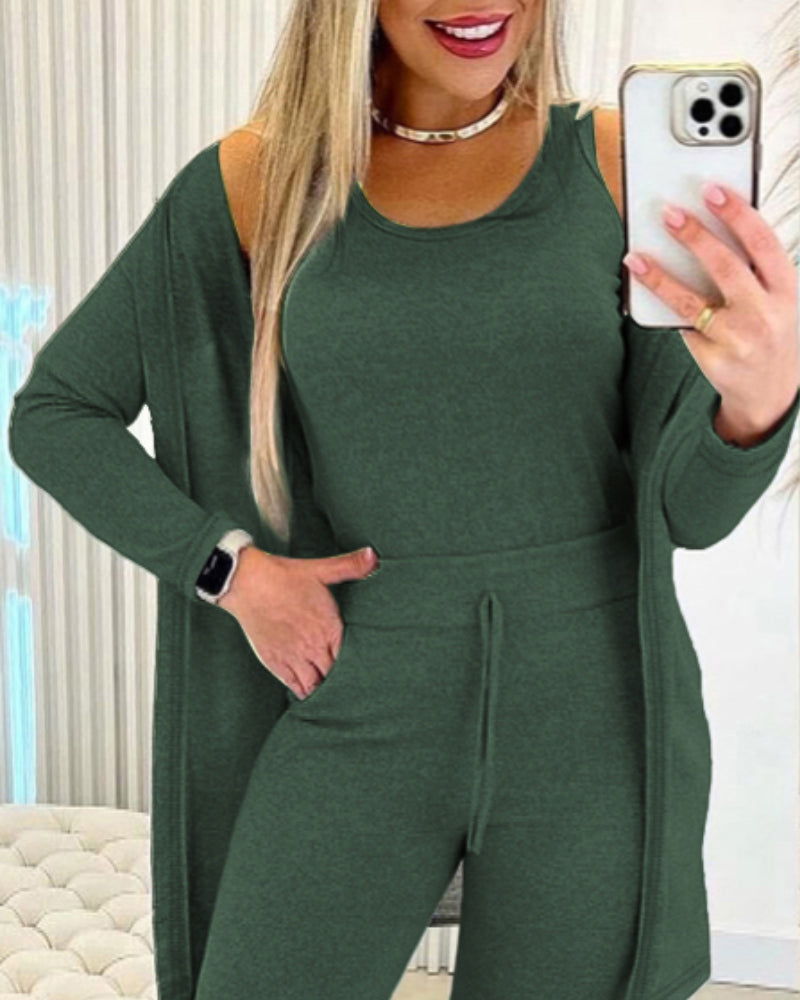3 Piece Lounge Set Crewneck Sleeveless Tank Top Long Sleeve Open Front Coat Pants Sweatsuit 🇺🇸