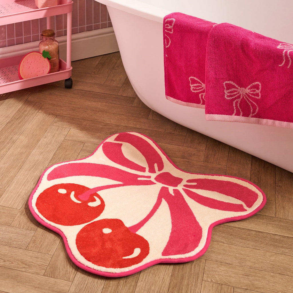 Cherry Bow Print Velvet Bath Mat - Pink 🇬🇧