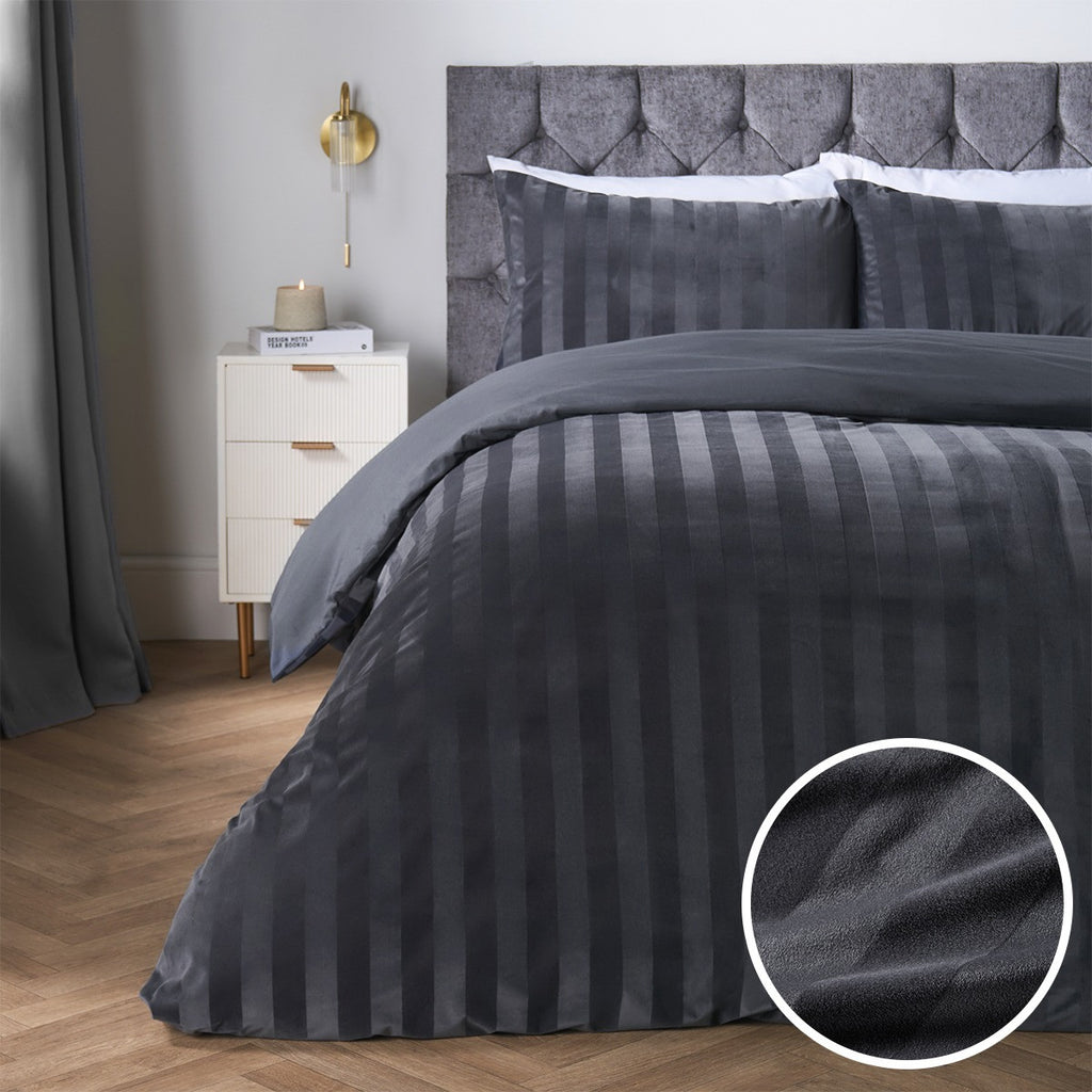 Velvet Stripe Duvet Cover Set - Charcoal 🇬🇧