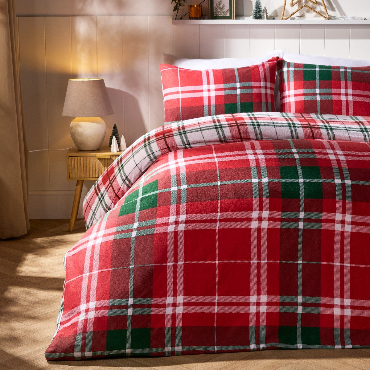 Traditional Christmas Check Brushed Cotton Duvet Cover Set - Red 🇬🇧
