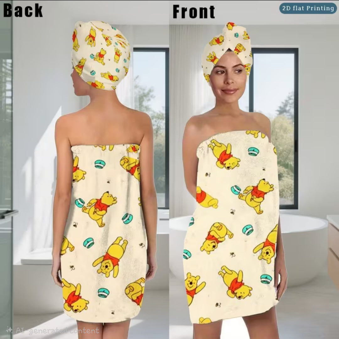 2pc Cartoon Print Bath Robe and Hair Dryer Cap 🇨🇳