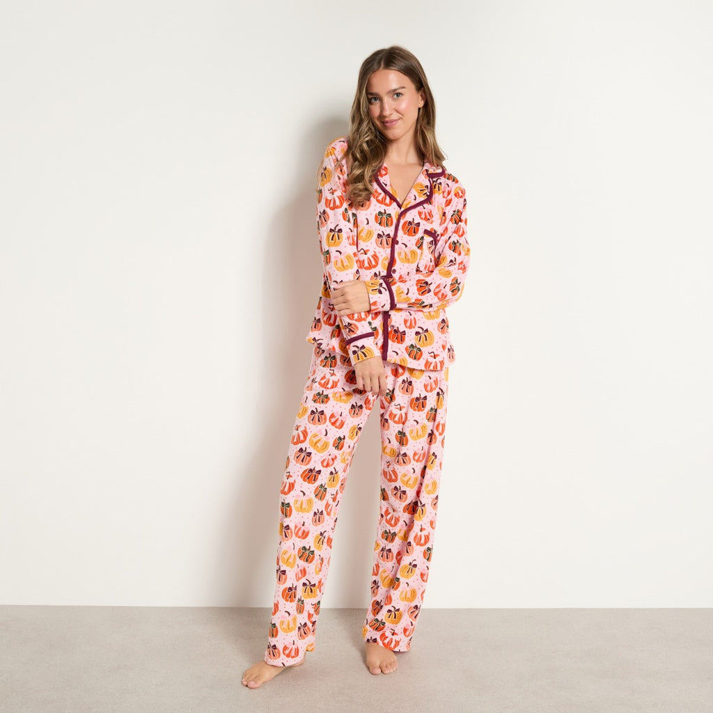Pumpkin Bow Print Matte Velvet Button Through Pyjama Set - Pink 🇬🇧