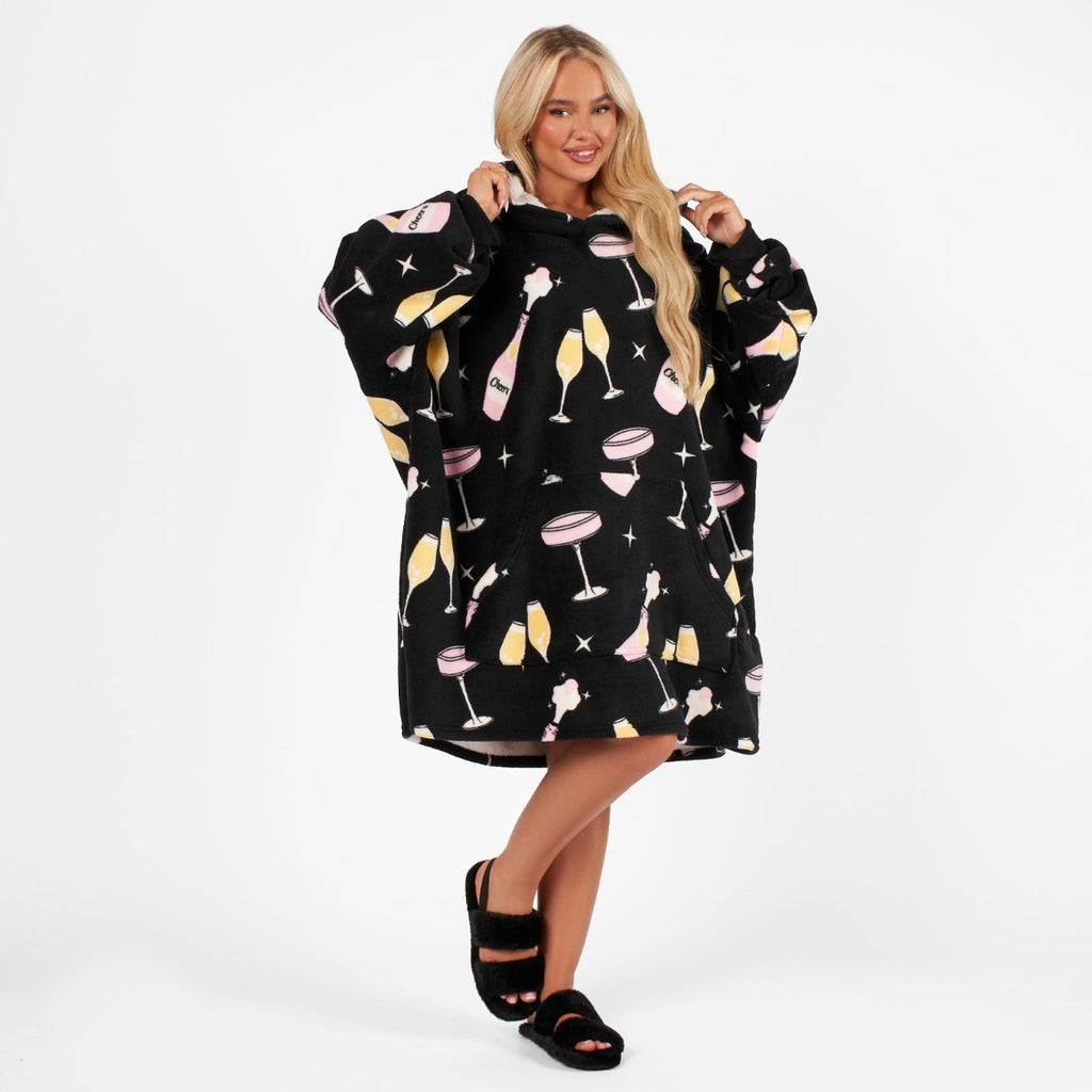 Champagne Print Hoodie Blanket, Black - Adults 🇬🇧