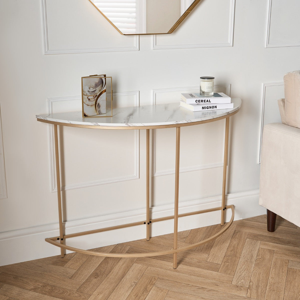 Manhattan Marble Effect Semicircle Console Table - Gold/White 🇬🇧
