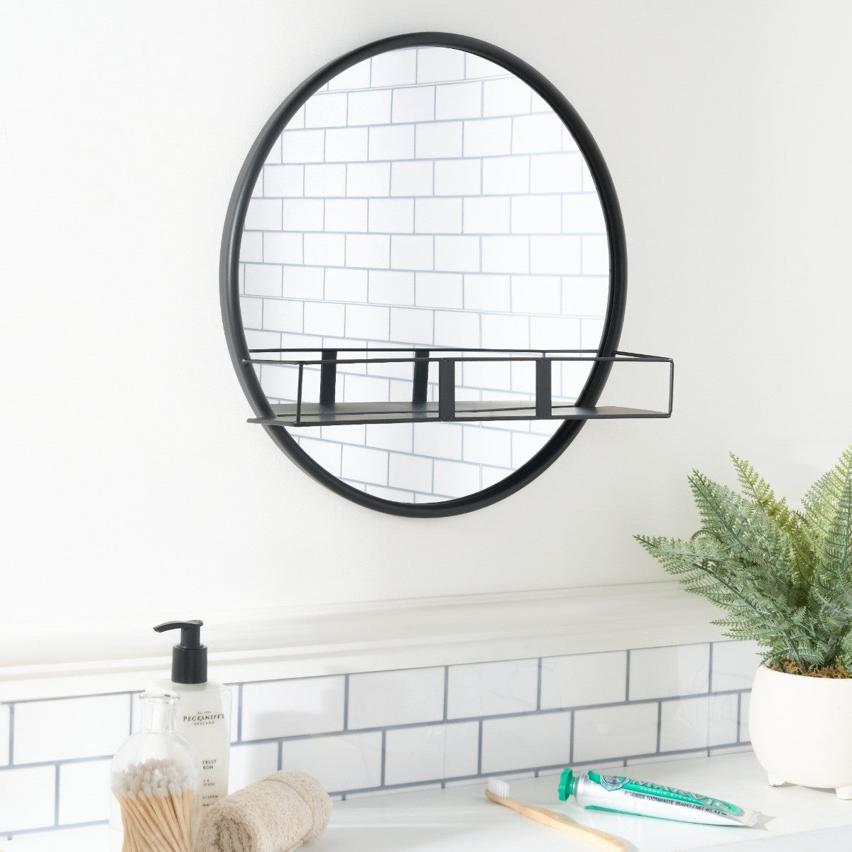 Round Mirror with Shelf - Black 🇬🇧