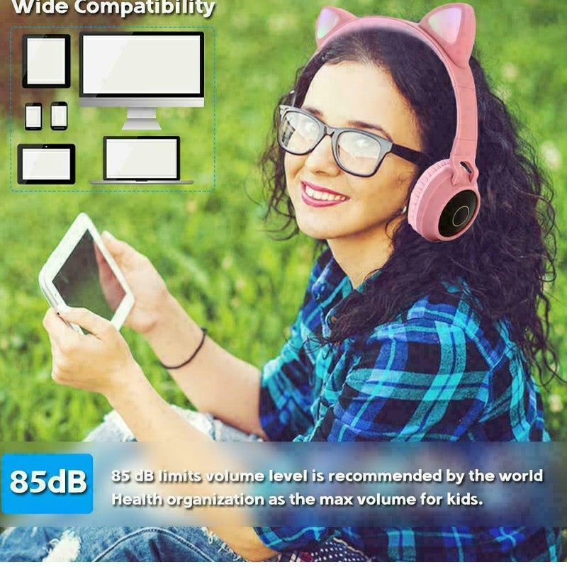 Wireless Cat Ear Bluetooth 5.0 Stereo Bass Headset LED Lights Earphone - Pink 🇬🇧