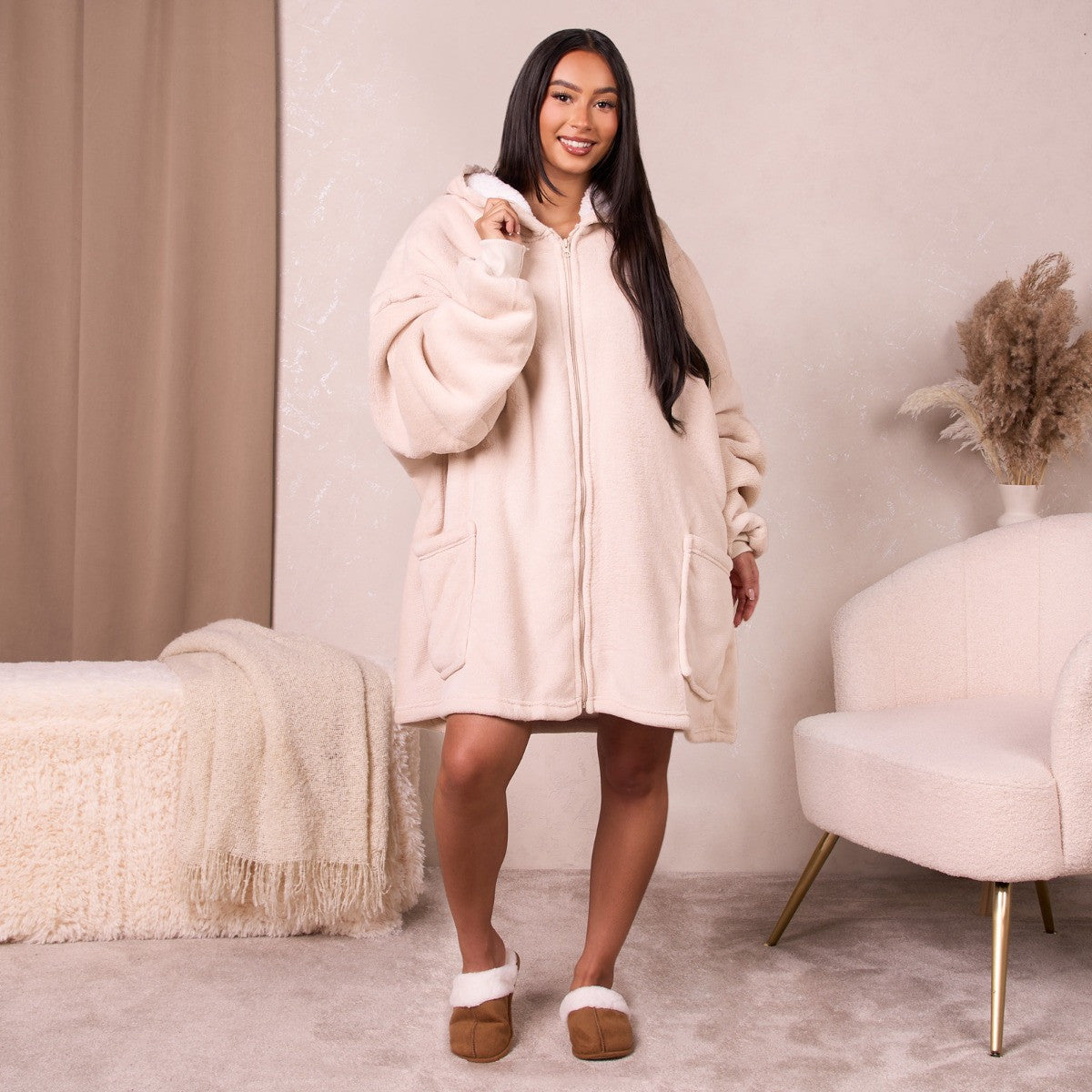 Sherpa Zip Up Hoodie Blanket, Adults - Natural 🇬🇧