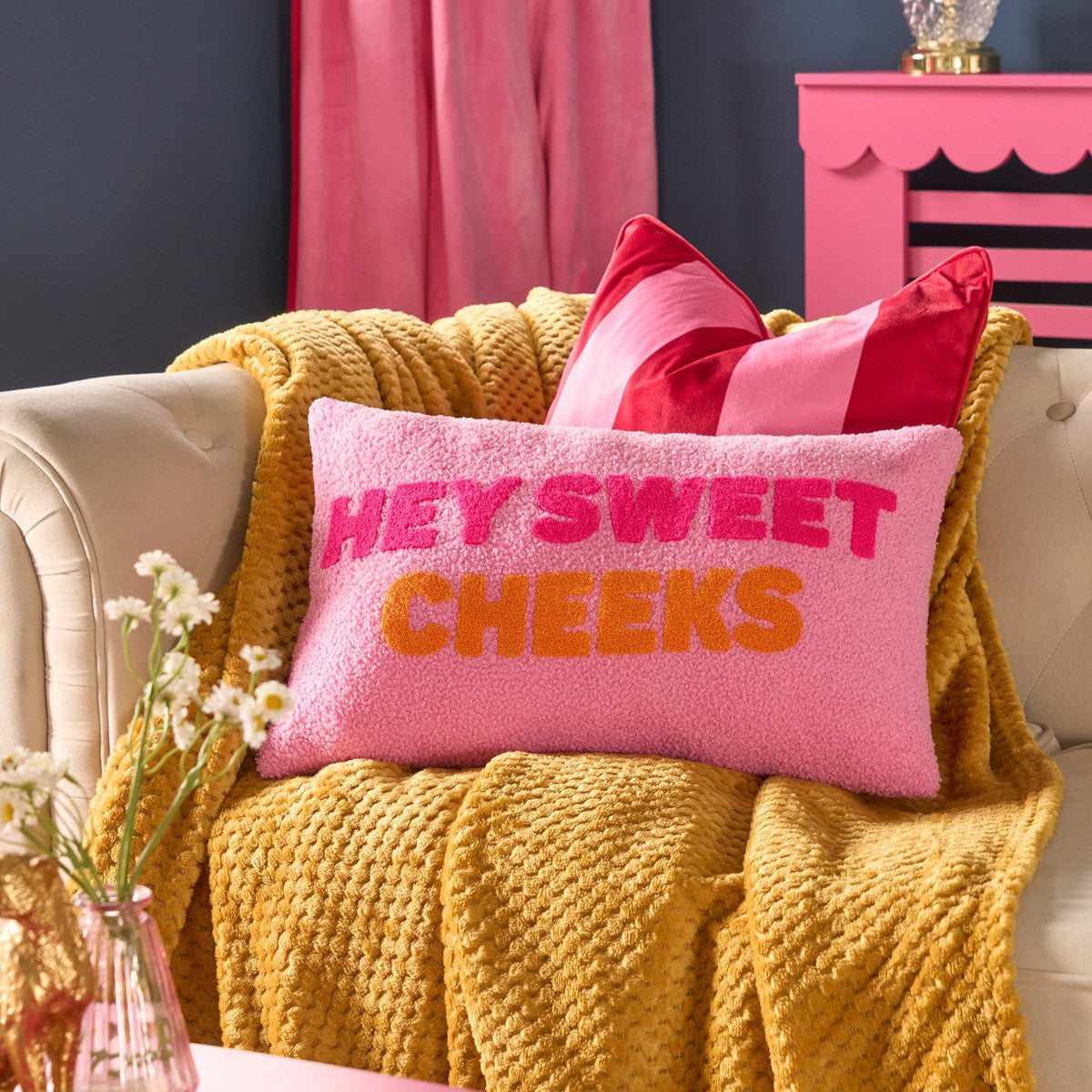 Hey Sweet Cheeks Slogan Cushion - Pink/Orange 🇬🇧