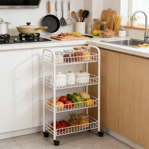 4 Tier Metal Rolling Utility Cart with Casters Storage Shelf Rack with Baskets and Wheels 72cm High 🇬🇧