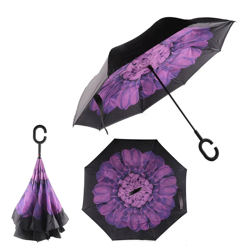 Reverse Inverted Double Layer Umbrella with C Handle Assorted Designs 80cm - Random Colour 🇬🇧