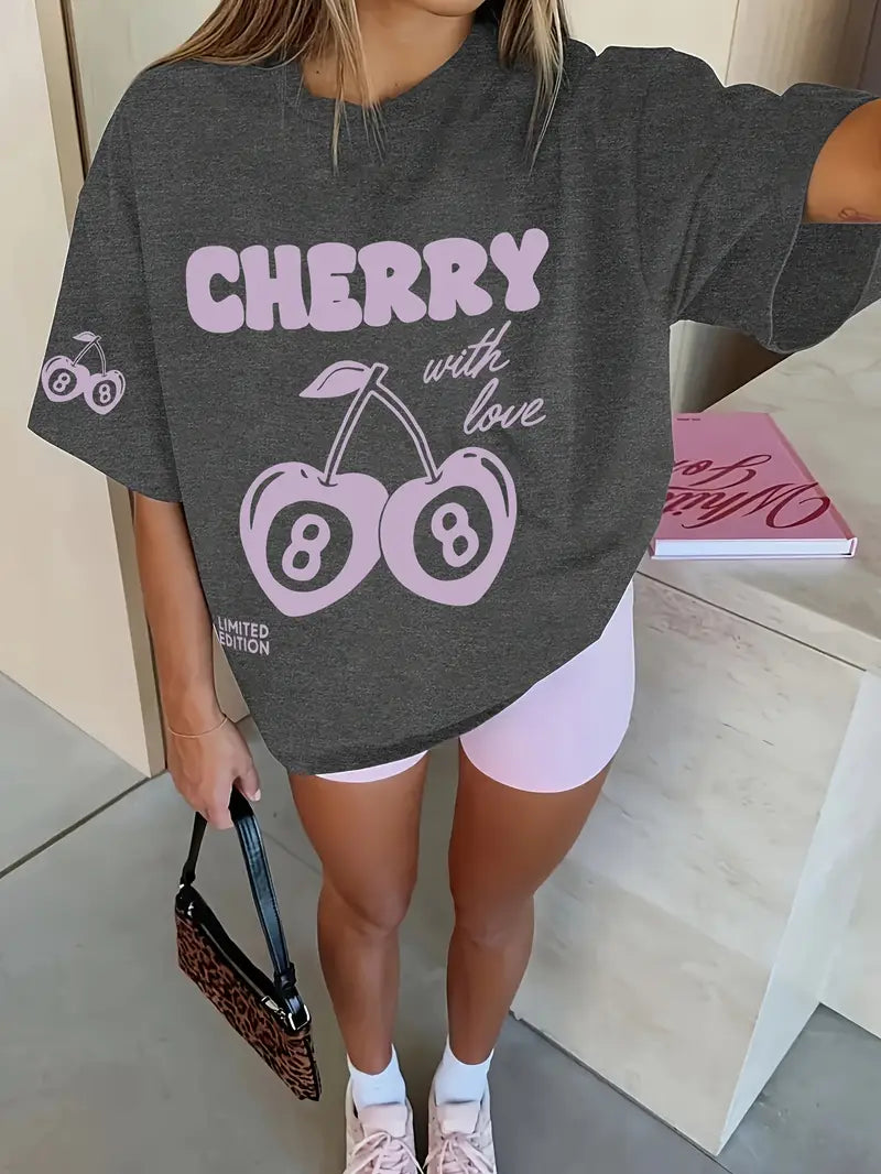 Women's casual "Cherry with love" Slogan T Shirt 🇨🇳