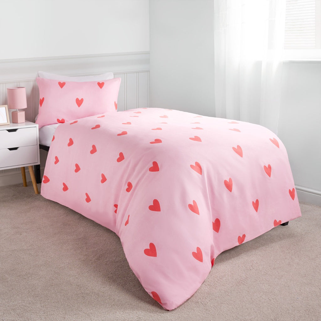 Gingham Heart Reversible Duvet Cover Set - Coral/Pink 🇬🇧