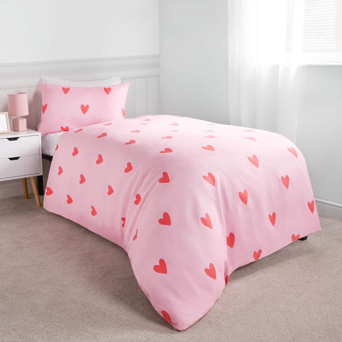 Gingham Heart Reversible Duvet Cover Set - Coral/Pink 🇬🇧