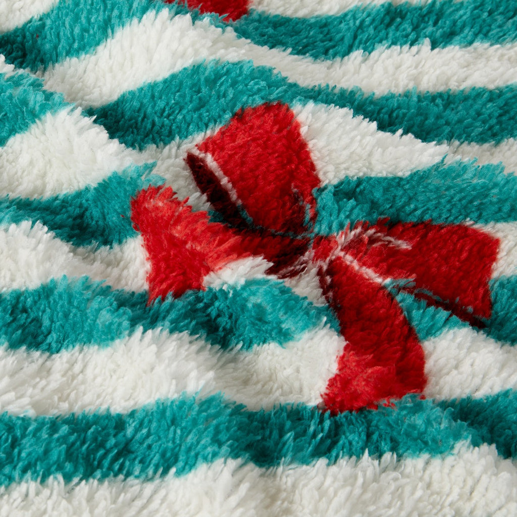 Bow Stripe Print Teddy Fleece Duvet Cover Set - Green/Red 🇬🇧