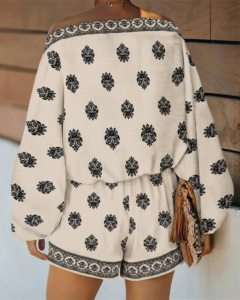 2 Pieces Outfit Boho Skew Neck Lantern Sleeve Top and Elastic Waist Shorts Set Casual Vintage Baroque Placement Print Vacation Set 🇺🇸