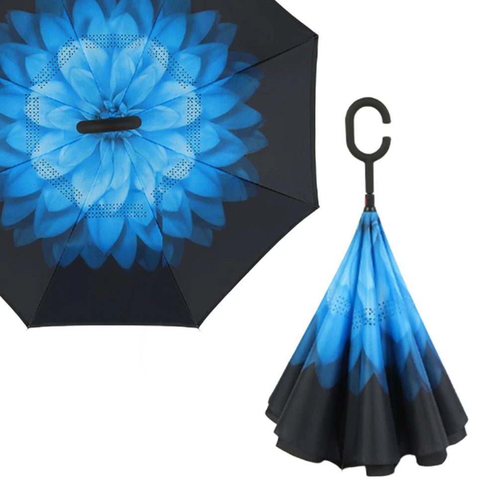 Sunflower Pattern Double Layer Inverted Umbrella Cars Reverse Open Folding Umbrellas Windproof UV Protection Large Self Stand Upside Down Straight Umbrella C Handle 🇬🇧