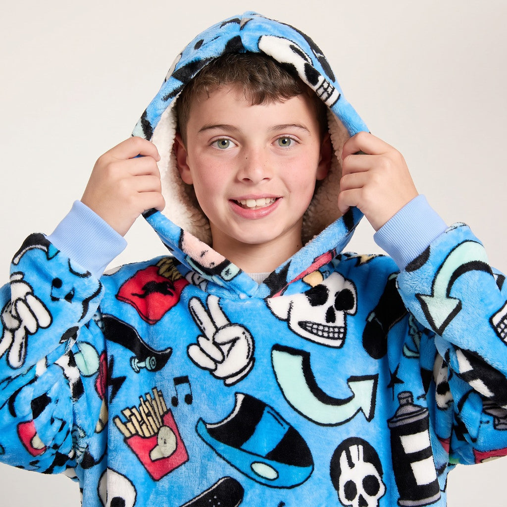 Kids Cartoon Print Hoodie Blanket - Blue 🇬🇧