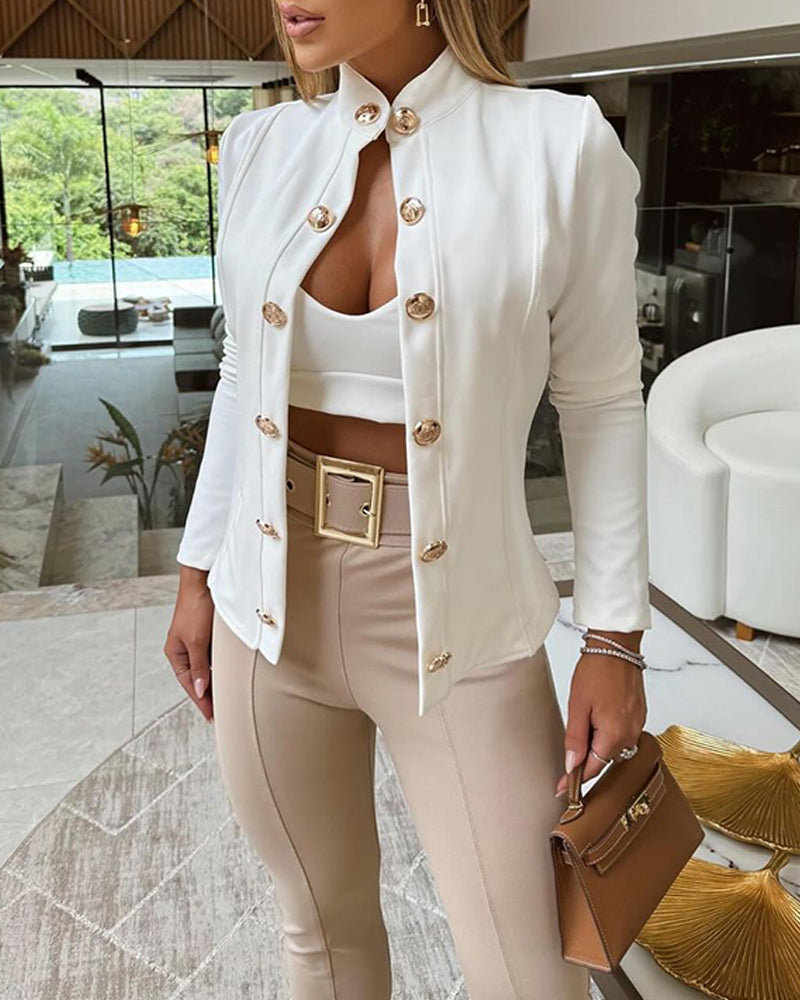 Stand Collar Long Sleeve Blazer Metal Button Front Work Office Jackets Coat 🇺🇸