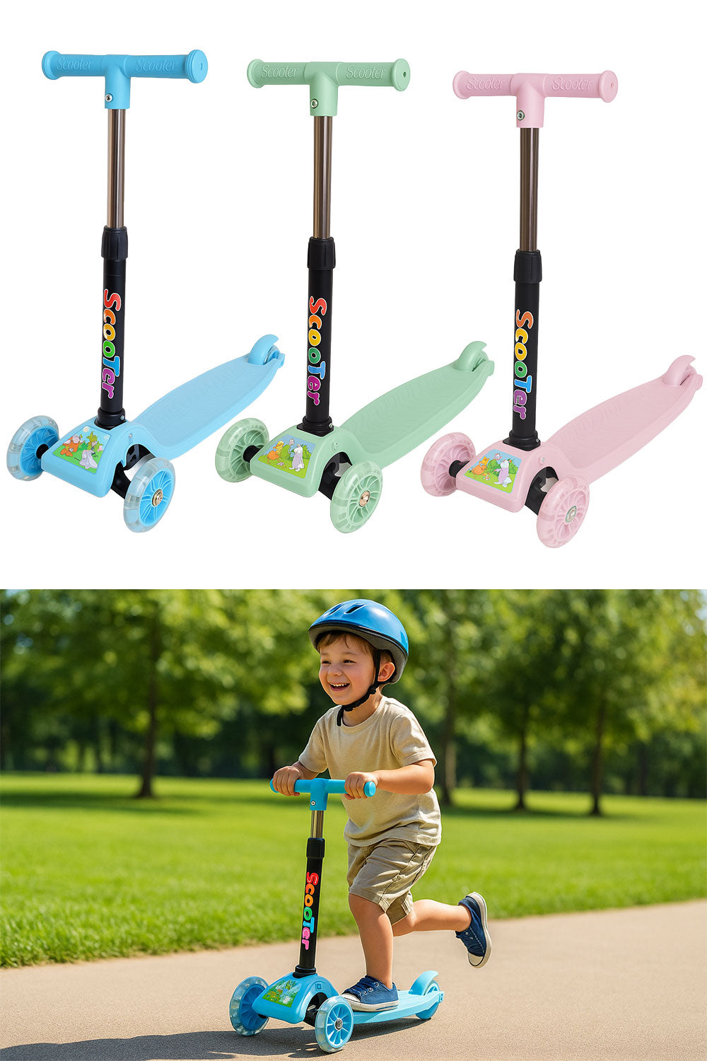 3-Wheel Kids Scooter with LED Light-Up Wheels – Adjustable Height & Foldable Design for Boys and Girls 🇬🇧