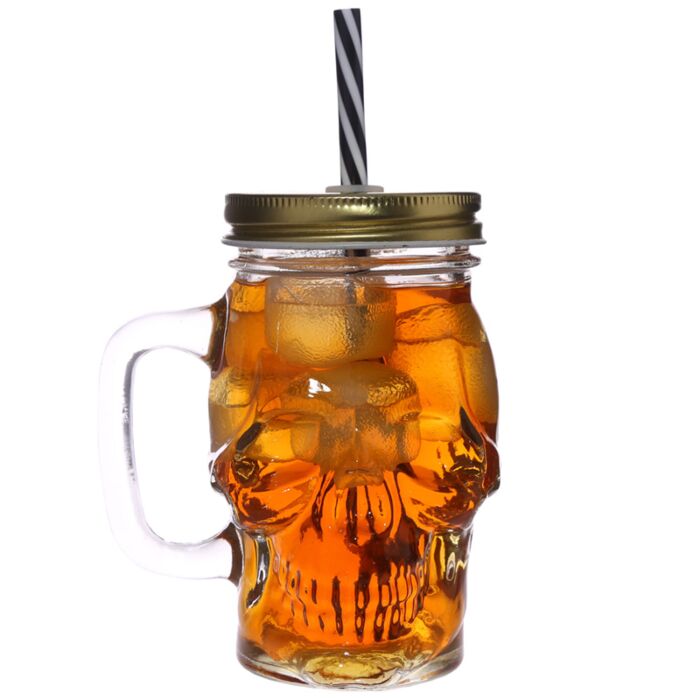 Glass Skull Drinking Jar with Metal Lid & Stripy Straw 🇬🇧