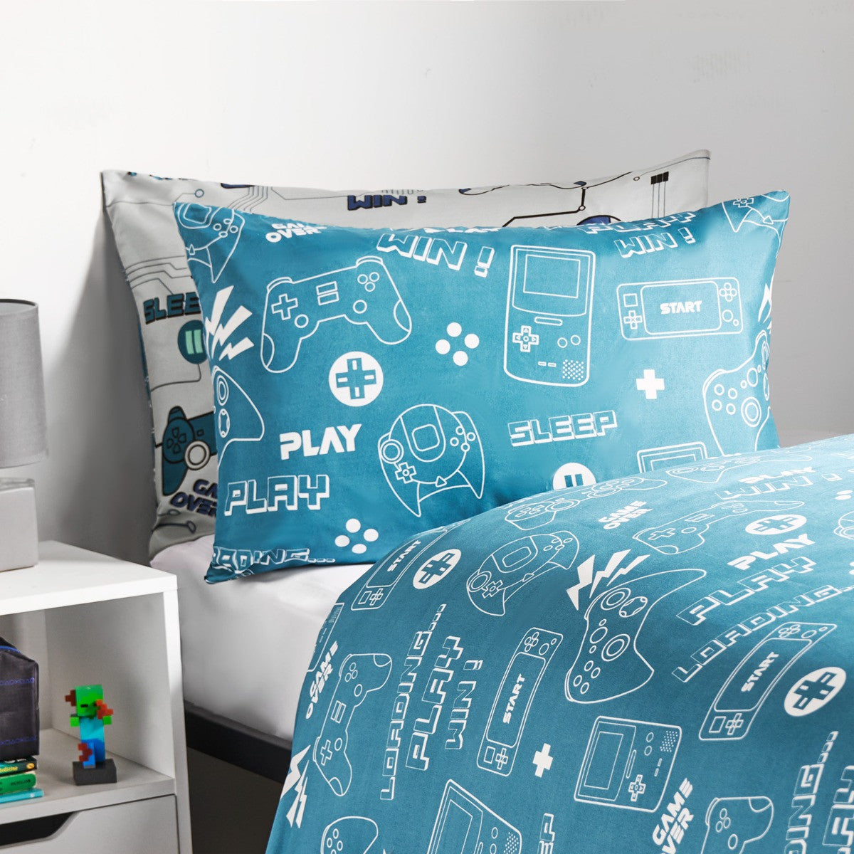 Kids Gaming Console Print Reversible Duvet Cover Set - Grey/Blue 🇬🇧