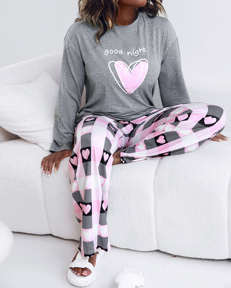 2 Pieces Outfit Good Night Slogan Print Long Sleeve Top and Plaid Print Elastic Waist Pants Set Casual Heart Print Pajamas Set 🇬🇧