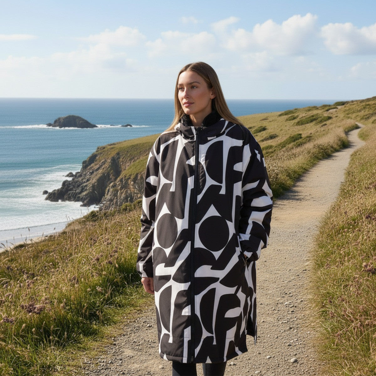 Adults Water Resistant Geometric Print Sherpa Drying Robe - Monochrome 🇬🇧