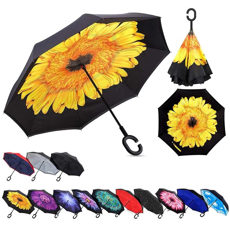 Reverse Inverted Double Layer Umbrella with C Handle Assorted Designs 80cm - Random Colour 🇬🇧