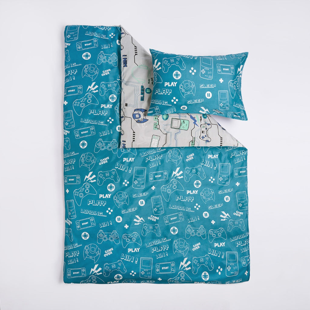 Kids Gaming Console Print Reversible Duvet Cover Set - Grey/Blue 🇬🇧