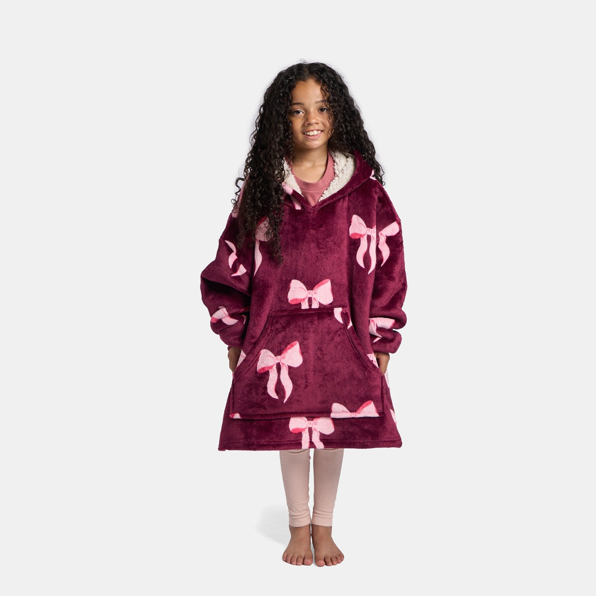 Kids Bow Print Hoodie Blanket - Burgundy/Pink 🇬🇧