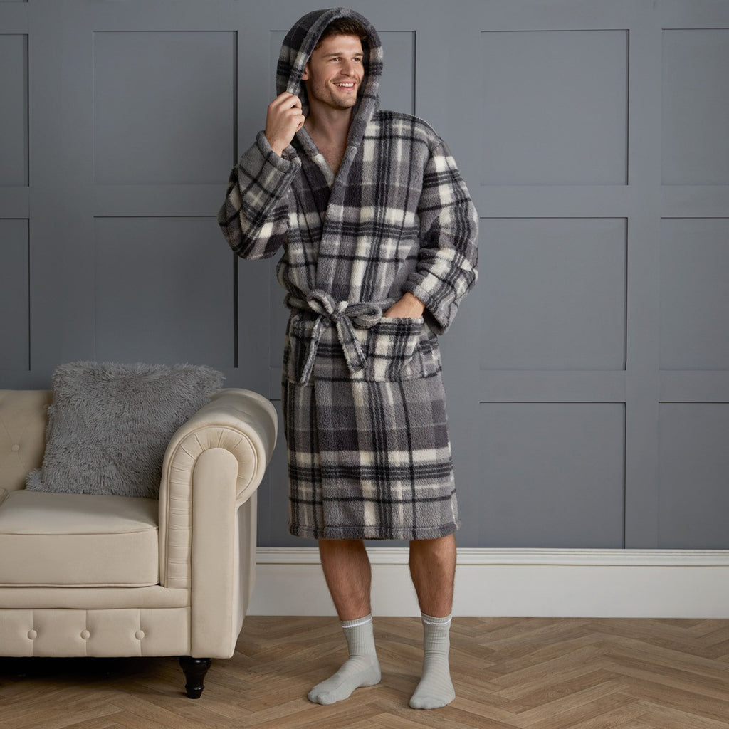 Tartan Check Print Teddy Dressing Gown, Adults - Charcoal 🇬🇧