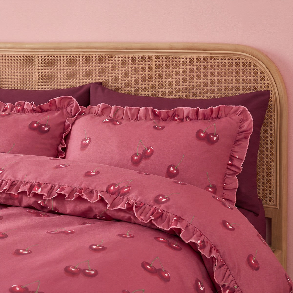 Cherry Printed Frill Edge Duvet Cover Set - Burgundy/Plum 🇬🇧