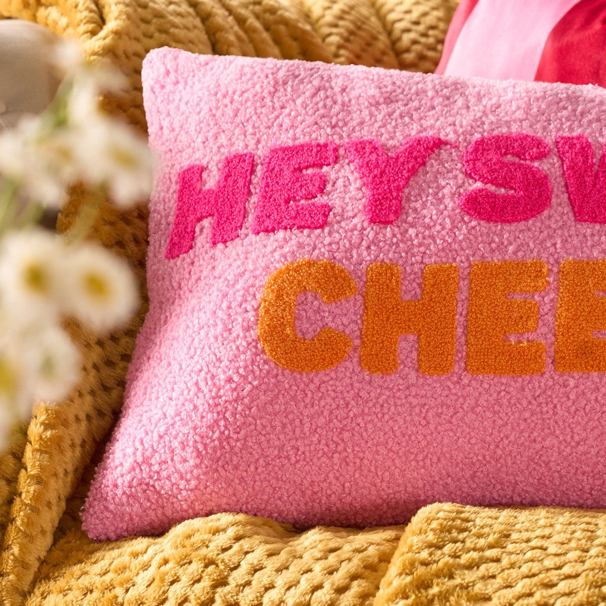 Hey Sweet Cheeks Slogan Cushion - Pink/Orange 🇬🇧