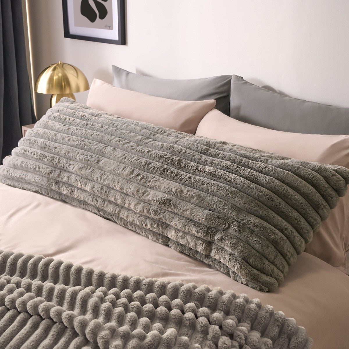 Ribbed Faux Fur Bolster Pillow - Grey 🇬🇧