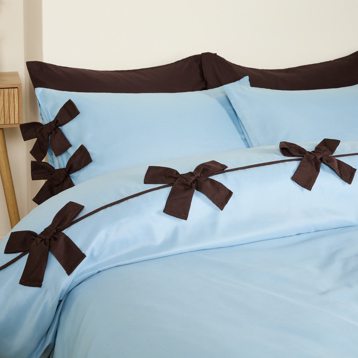 Bow Detail Duvet Cover Set - Blue/Coffee 🇬🇧