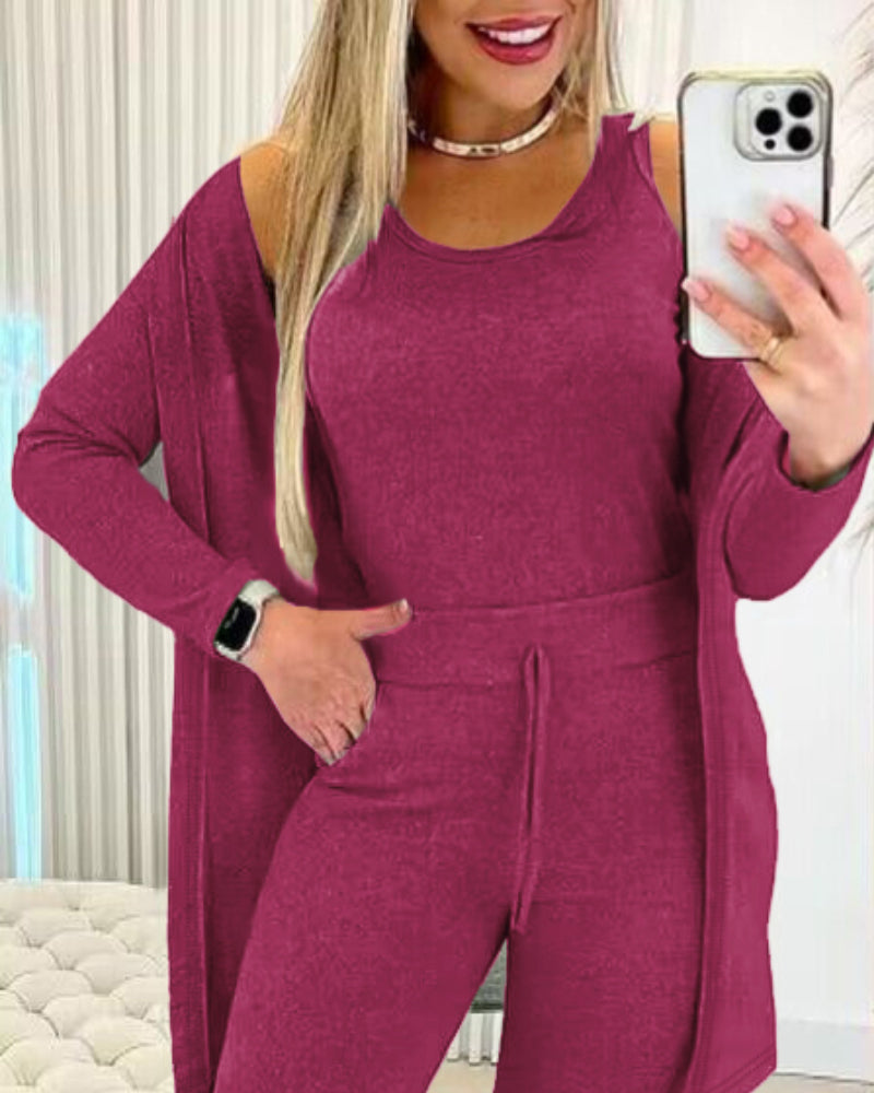 3 Piece Lounge Set Crewneck Sleeveless Tank Top Long Sleeve Open Front Coat Pants Sweatsuit 🇺🇸