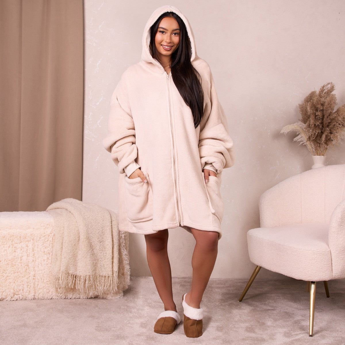 Sherpa Zip Up Hoodie Blanket, Adults - Natural 🇬🇧