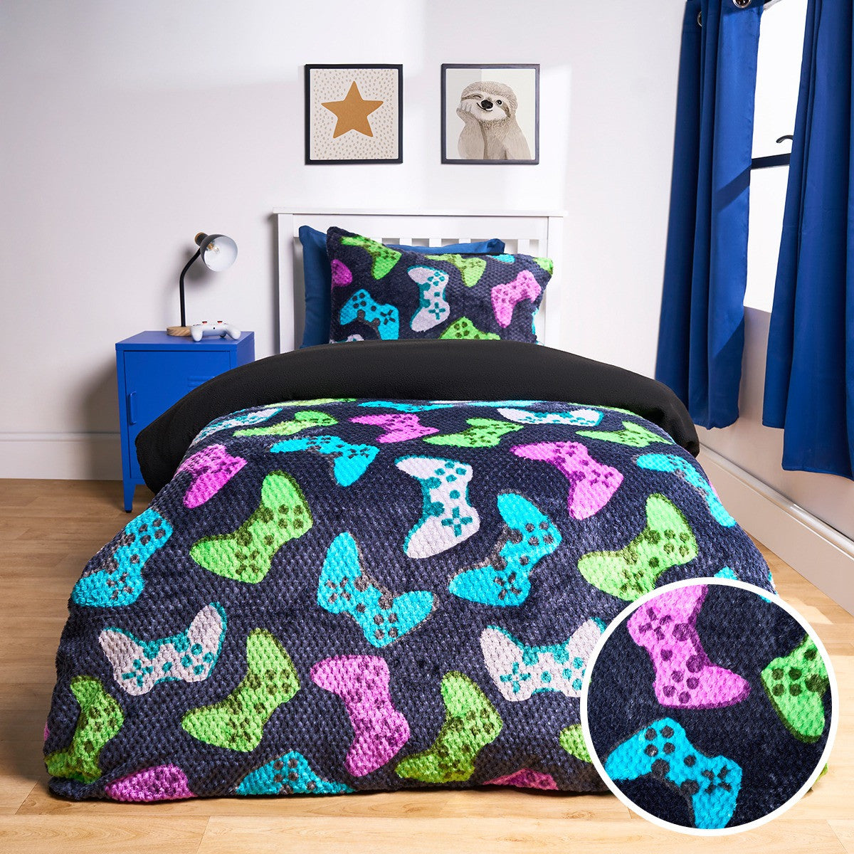 Gaming Print Waffle Fleece Duvet Cover Set - Navy 🇬🇧